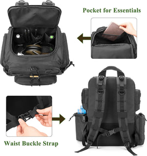 Black tactical-style backpack shown in a composite product explainer layout with inset close-ups. The main view shows the backpack open with compartments and contents, plus rear view with side pockets and a waist buckle strap detail, along with text labels 'Pocket for Essentials' and 'Waist Buckle Strap' and arrows indicating features.