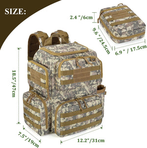 A camouflage tactical backpack shown with overlaid dimension labels and arrows indicating height, width, and depth measurements on a white background with a brown corner graphic.
