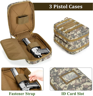 Three camouflage and tan pistol cases shown on a white background, with one open case holding a handgun, a stack of closed cases, a close-up of the fastener strap, and a close-up of the ID card slot.