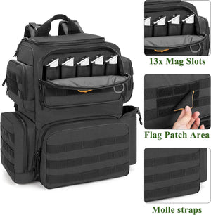 Black tactical gear backpack shown on a white background with three inset detail panels highlighting 13x mag slots, a flag patch area, and molle straps.
