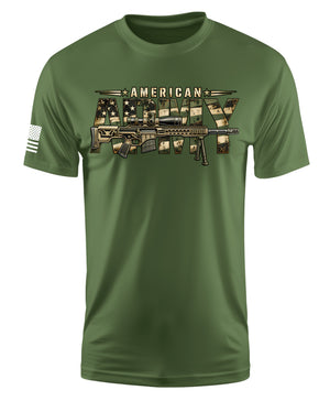 An olive green short-sleeve t-shirt with a graphic on the chest reading 'AMERICAN ARMY' in a camouflage pattern filled with an assault rifle and flag motifs, plus a small white American flag graphic on the right sleeve.