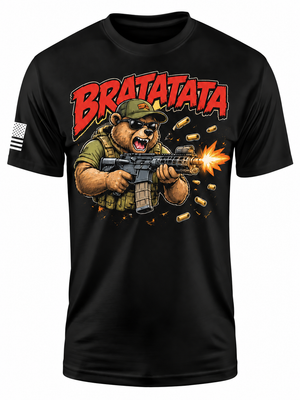 A black short-sleeve t-shirt with a large graphic print of a bear wearing a green cap and holding a rifle, with the text 'BRATATATA' in red above it. A small American flag graphic is visible on the right sleeve.