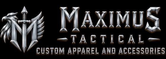 Maximus Tactical logo with a silver eagle, winged sword, and bold text on black.