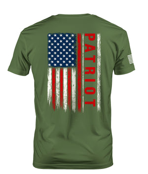 An olive green short-sleeve t-shirt shown from the back, featuring a distressed vertical American flag graphic with the word 'PATRIOT' printed in red down the right side of the flag.