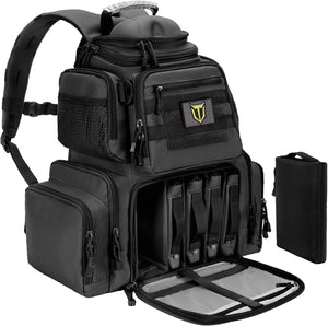 A black tactical-style backpack shown open on a white background, with multiple zippered compartments, mesh pockets, and a small black accessory case standing beside it.