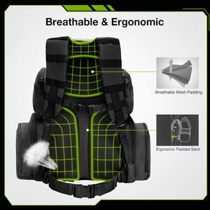Black and green tactical vest with text highlighting features on a white background