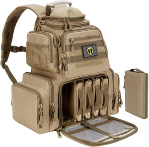 A tan tactical backpack with multiple zippered compartments, mesh pockets, and an open lower compartment showing organized interior slots, shown on a white background with a matching pouch beside it.