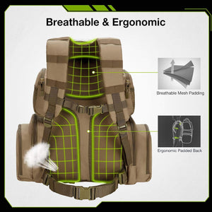 Tactical backpack with breathable and ergonomic features highlighted on a white background