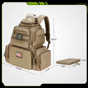 A tan tactical backpack shown on a light gray background with dimension lines indicating its height, width, and depth, plus a smaller inset showing a matching zippered pouch. The backpack has multiple front pockets, a shoulder strap, and a small American flag patch on the lower front.