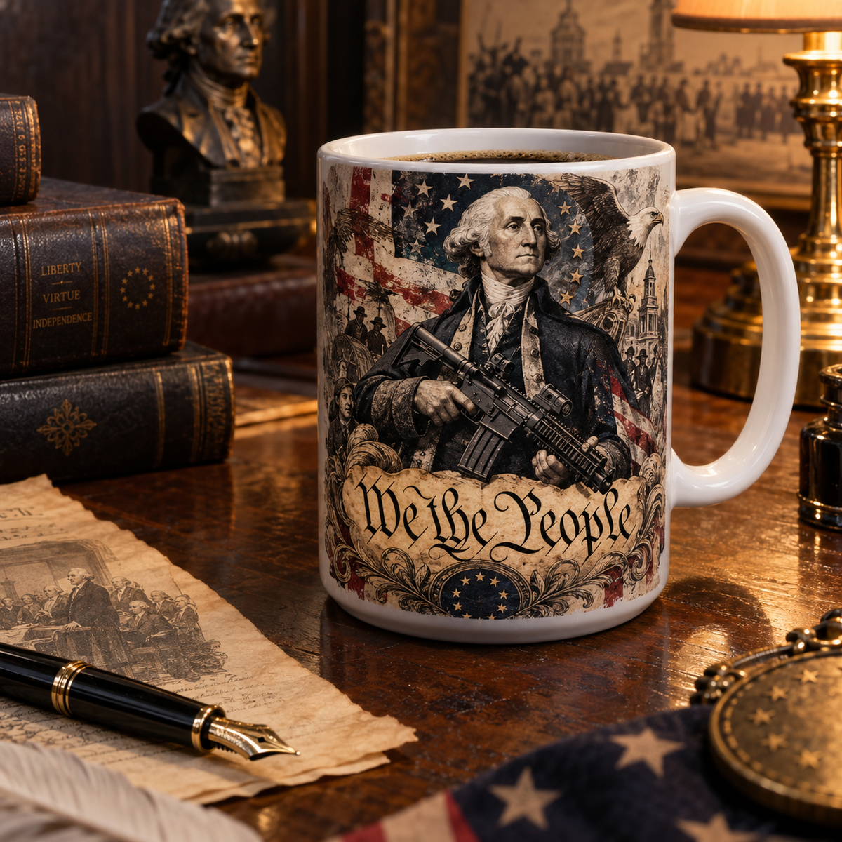 A white ceramic mug with a detailed historical American portrait print featuring George Washington, an American flag, and the text 'We the People,' set on a wooden desk with books, a pen, and a lamp in the background.
