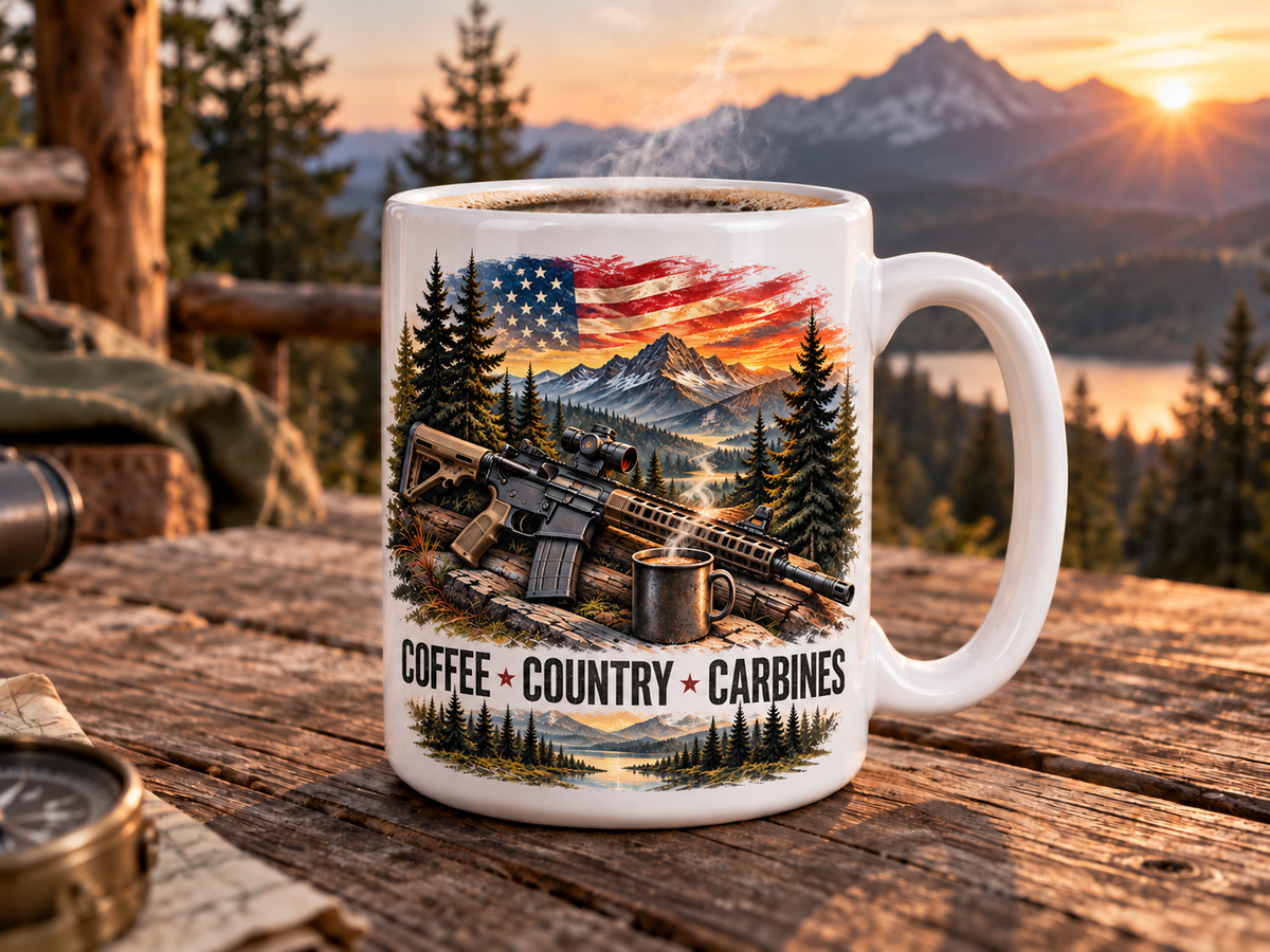 A white ceramic mug with a detailed patriotic mountain landscape print, featuring an American flag, rifle, coffee pot, and pine trees, with the text 'COFFEE + COUNTRY + CARBINES'. The mug is placed on a rustic wooden table with a blurred mountain sunset background.
