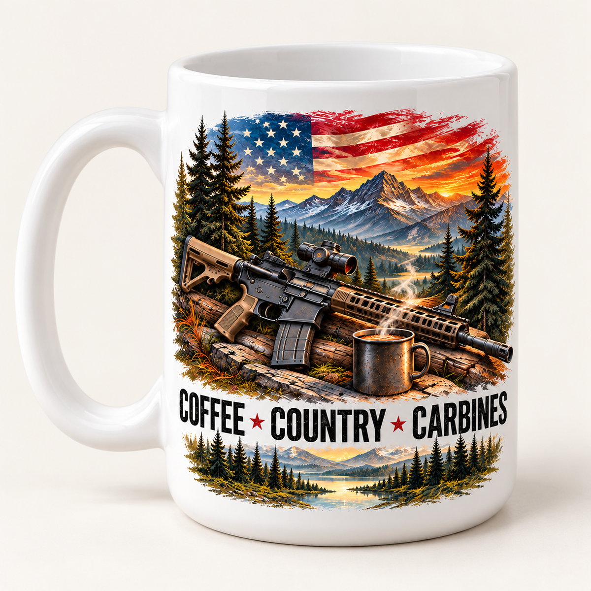 A white ceramic coffee mug featuring a detailed graphic print of a rifle on a log with a mug of coffee, set against a mountain landscape with an American flag and the text 'COFFEE COUNTRY CARBINES'.