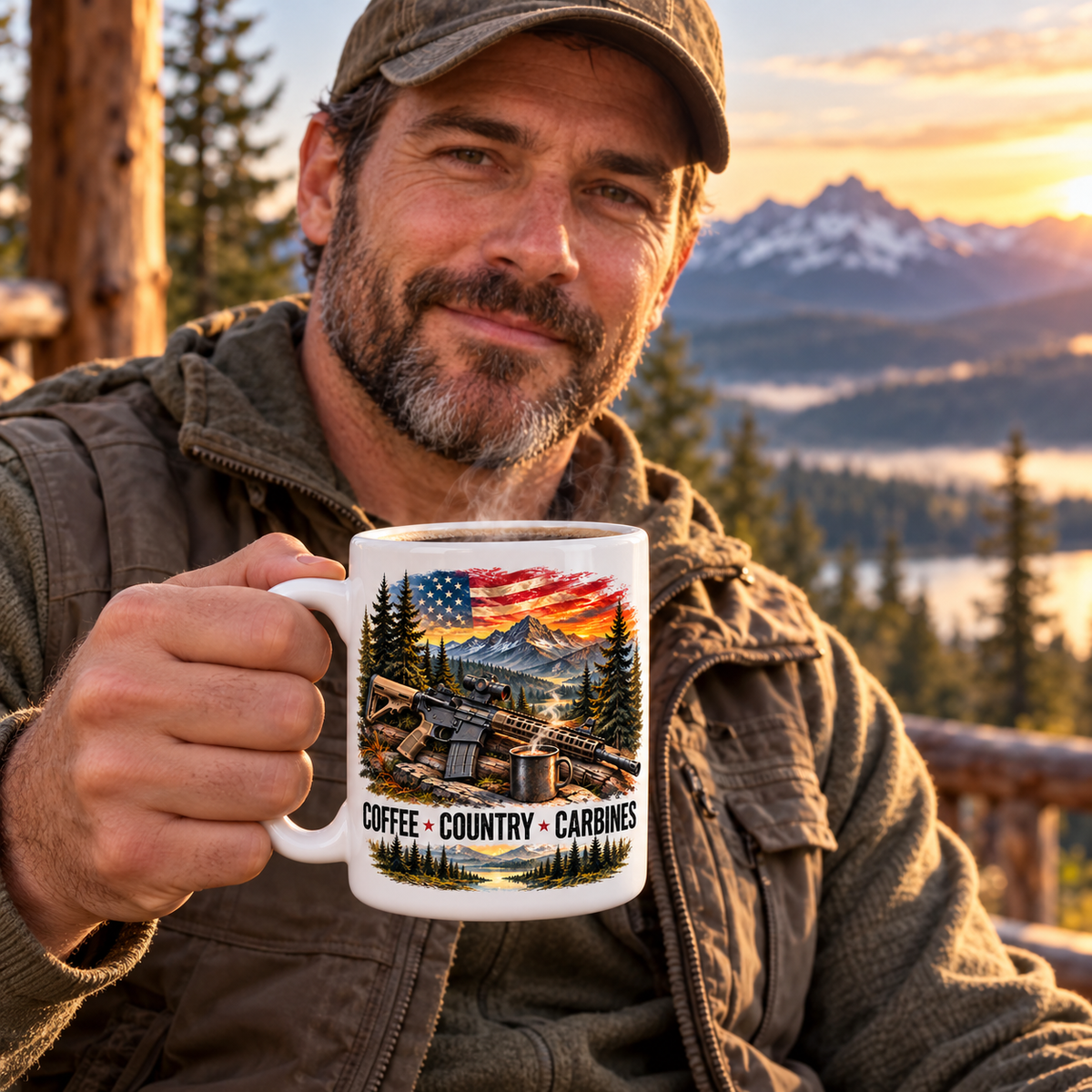 A man in a brown cap and olive jacket holds a white ceramic mug featuring a colorful mountain landscape graphic with the text 'COFFEE - COUNTRY - CARBINES' and a small American flag motif. The background shows a scenic mountain lake at sunset.