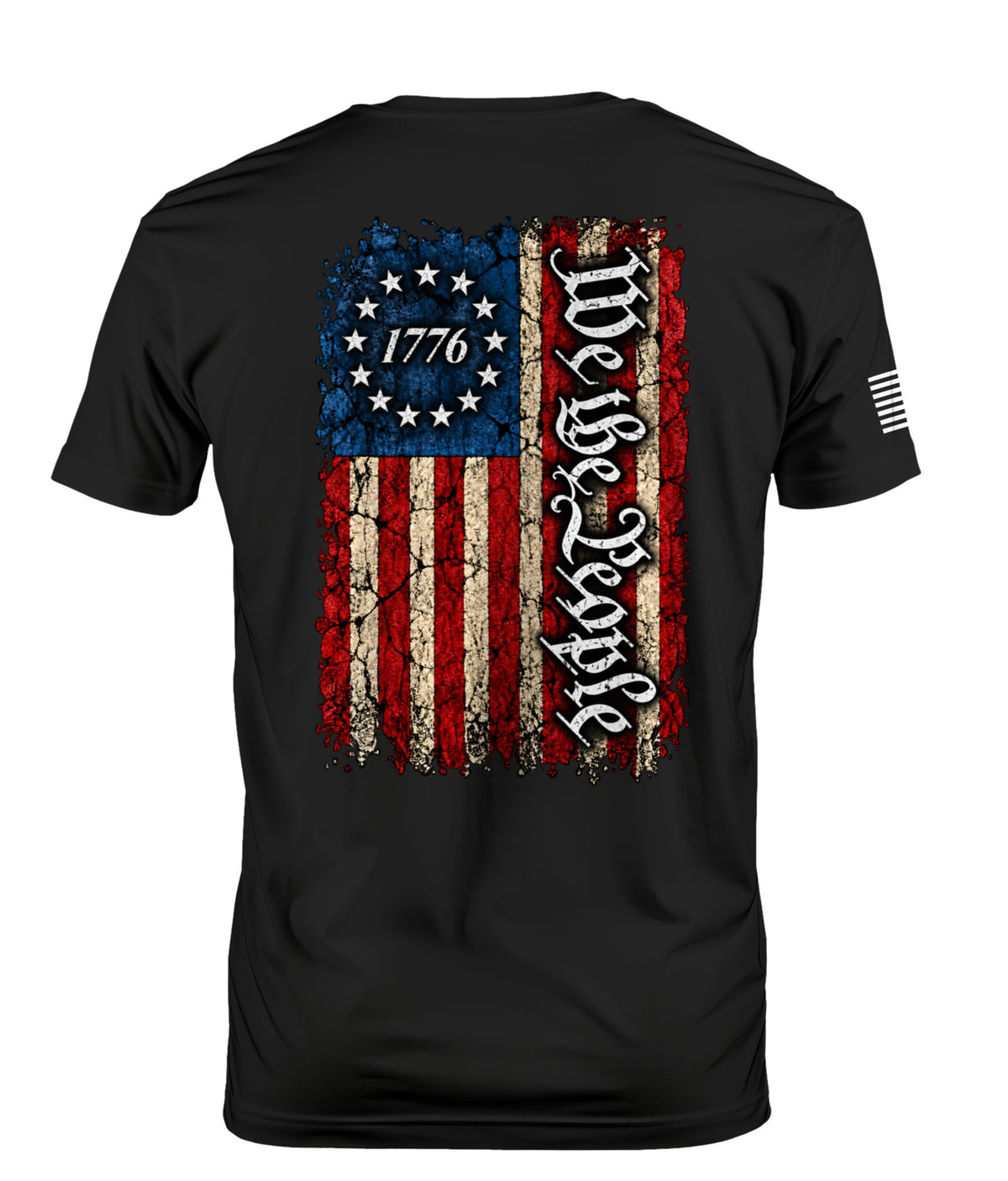 Black short-sleeve t-shirt with a distressed American flag graphic on the back, featuring 'We the People' in gothic lettering and '1776' in a star circle.