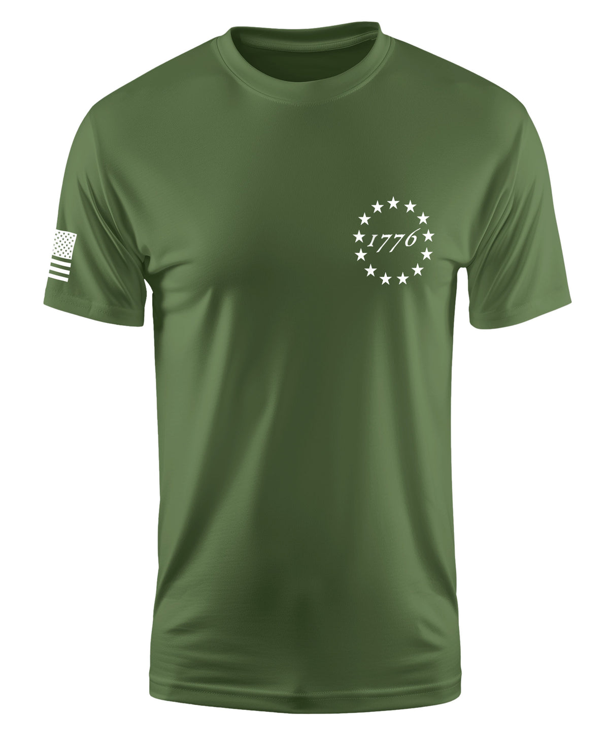 An olive green short-sleeve crewneck t-shirt with a white circular star design and '1776' text on the left chest, and a black-and-white American flag graphic on the right sleeve, shown on a plain white background.