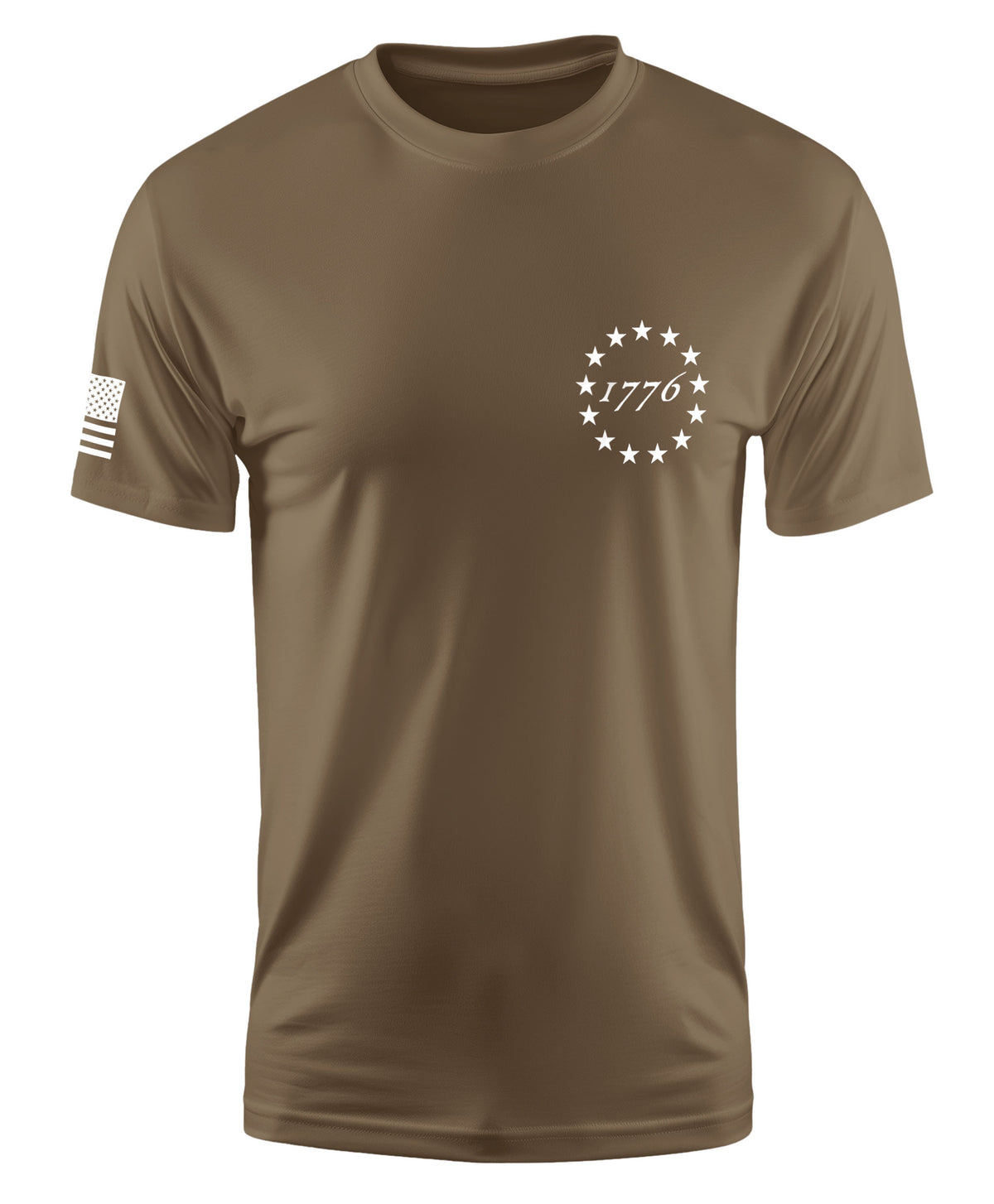 A short-sleeve crewneck t-shirt in olive drab brown, featuring a white circular star design with '1776' text on the left chest and a white American flag graphic on the right sleeve, shown against a plain white background.