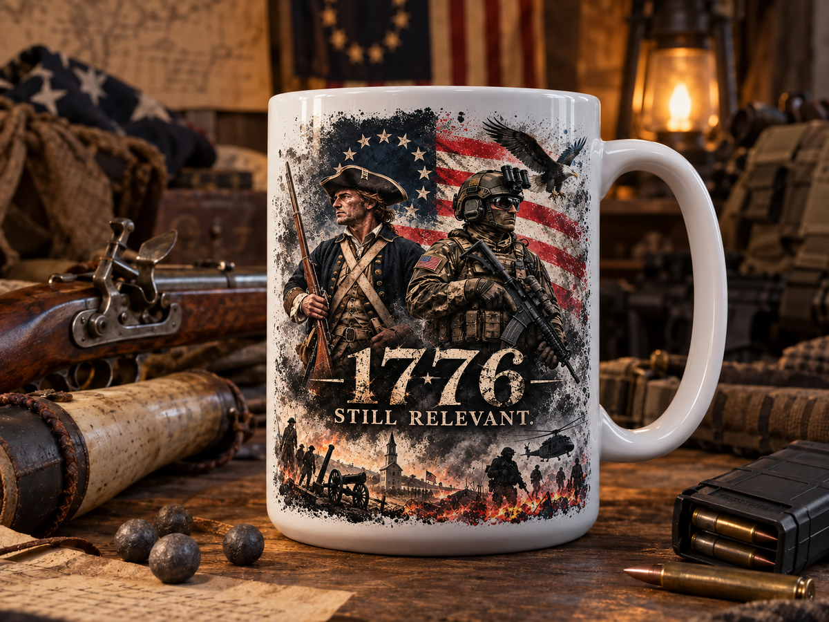 A white ceramic mug with a detailed 1776 American Revolutionary themed graphic print, displayed on a rustic wooden table surrounded by historical and military props.