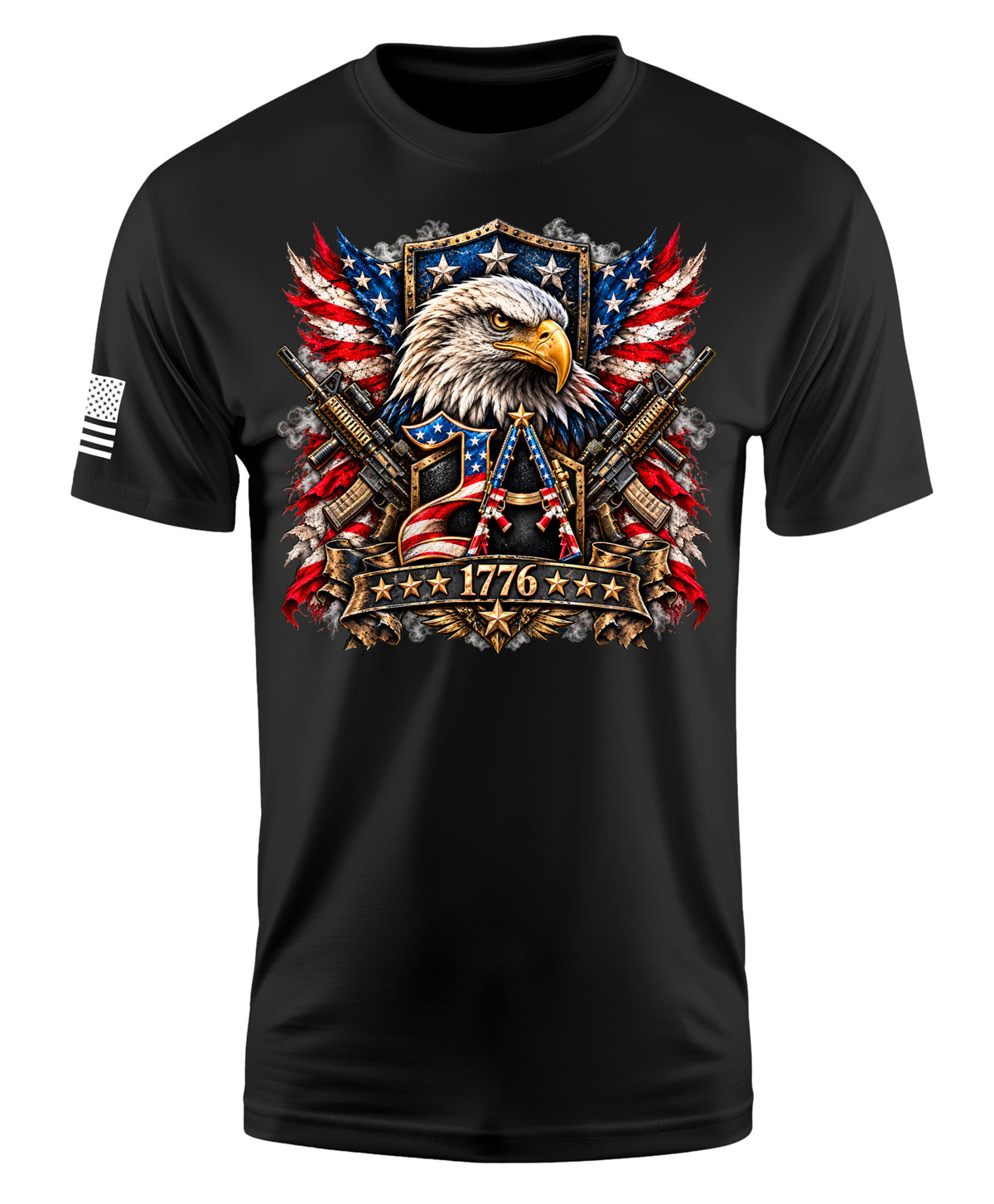 A black short-sleeve t-shirt with a detailed patriotic graphic on the chest featuring an eagle, crossed rifles, American flags, and the year 1776. A small black-and-white American flag is printed on the right sleeve.