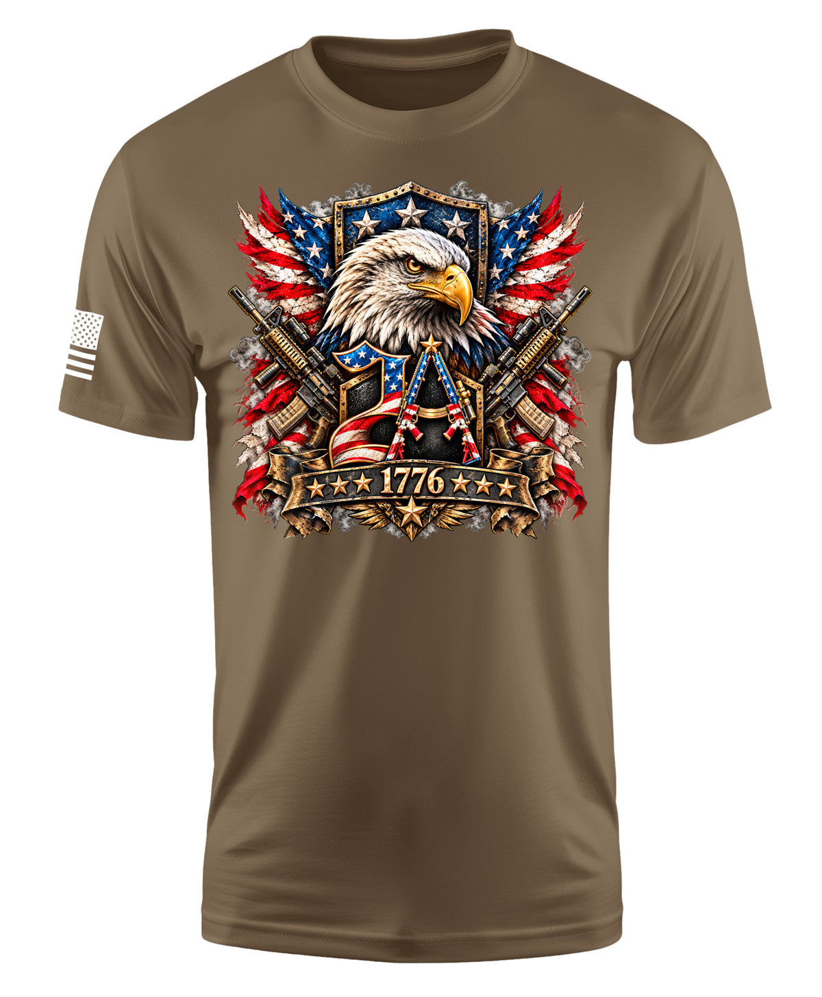 A brown short-sleeve t-shirt with a detailed patriotic graphic on the chest featuring an eagle, crossed rifles, American flags, and the year 1776. A small white American flag is printed on the right sleeve.