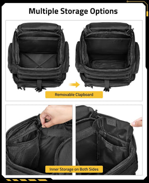 A product infographic showing a black tactical-style backpack with multiple storage options. The top panel shows two views of the open backpack labeled 'Multiple Storage Options' and 'Removable Clapboard.