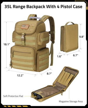 A tan tactical backpack shown with dimension callouts and inset views of its 4 pistol case, soft protective pad, and magazine storage area on a white background.