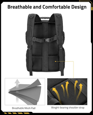 Black tactical backpack shown from the back with text reading 'Breathable and Comfortable Design,' plus inset diagrams highlighting breathable mesh padding and weight-bearing shoulder strap airflow.