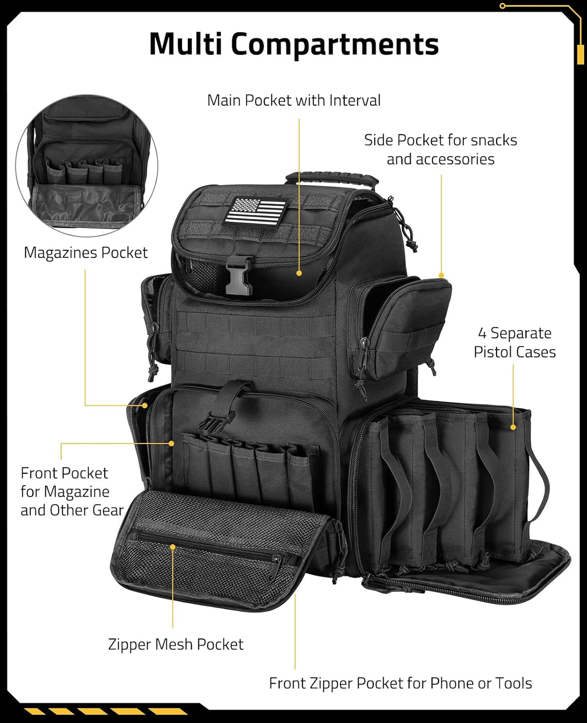 Black tactical backpack with labeled compartments on a white background