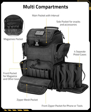 Black tactical backpack with labeled compartments on a white background