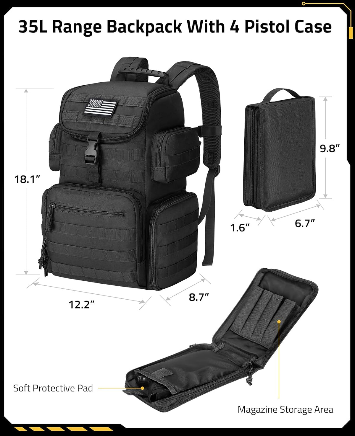 Black tactical backpack with 4 pistol cases, shown with dimension labels and inset views on a white background. The image includes the backpack closed, a closed pistol case, an open soft protective pad, and a magazine storage area view with measurements.