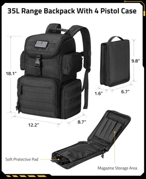 Black tactical backpack with 4 pistol cases, shown with dimension labels and inset views on a white background. The image includes the backpack closed, a closed pistol case, an open soft protective pad, and a magazine storage area view with measurements.