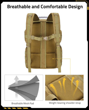 A tan tactical backpack shown from the back on a white background, with marketing text reading 'Breathable and Comfortable Design' and two inset callout panels highlighting breathable mesh padding and a weight-bearing shoulder strap.