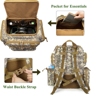 A tactical-style backpack shown in a composite product explainer layout. The main backpack is visible from front and back, with inset close-ups of the open interior, a pocket holding a phone, a waist buckle strap detail, and a water bottle in the side pocket.
