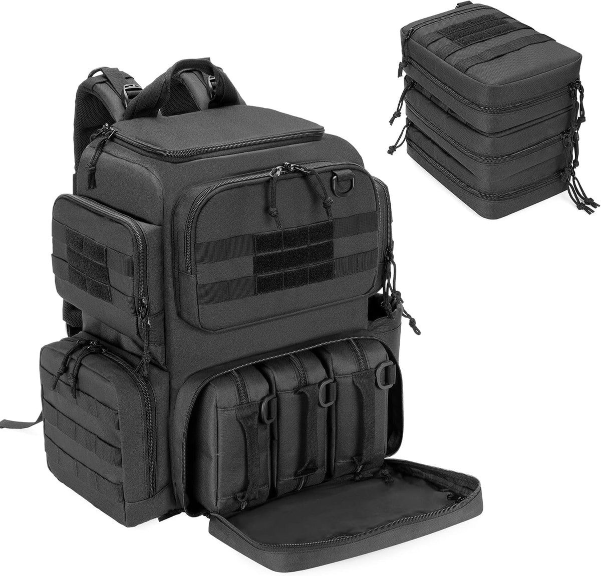Black tactical backpack with multiple compartments on a white background