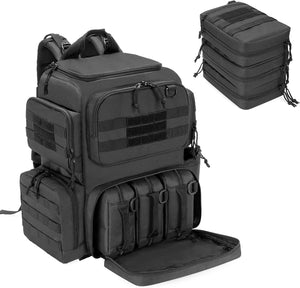 Black tactical backpack with multiple compartments on a white background