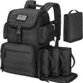 Black tactical backpack with American flag patch and additional pouches on a white background