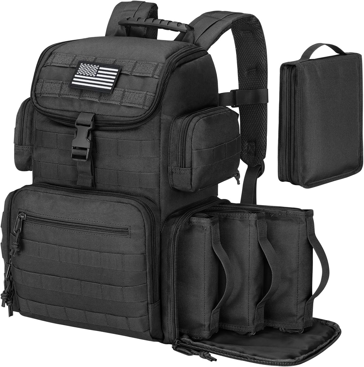 Black tactical backpack with American flag patch and additional pouches on a white background