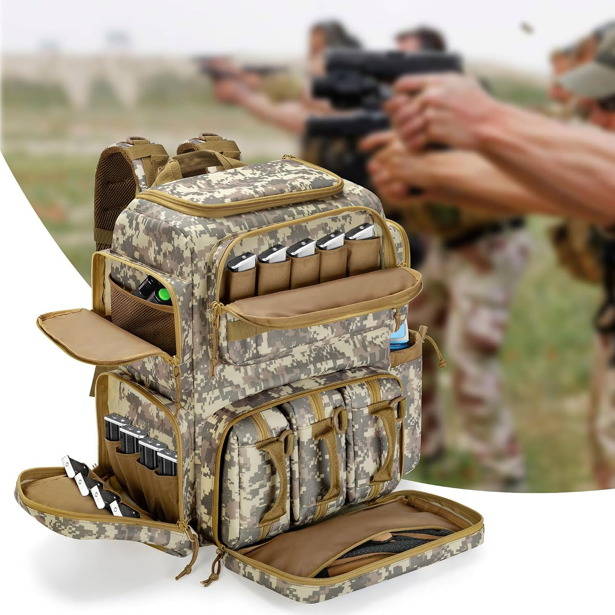 A tactical backpack in a digital camouflage pattern, shown open with multiple compartments filled with gear, set against a blurred outdoor shooting range background with people holding firearms.