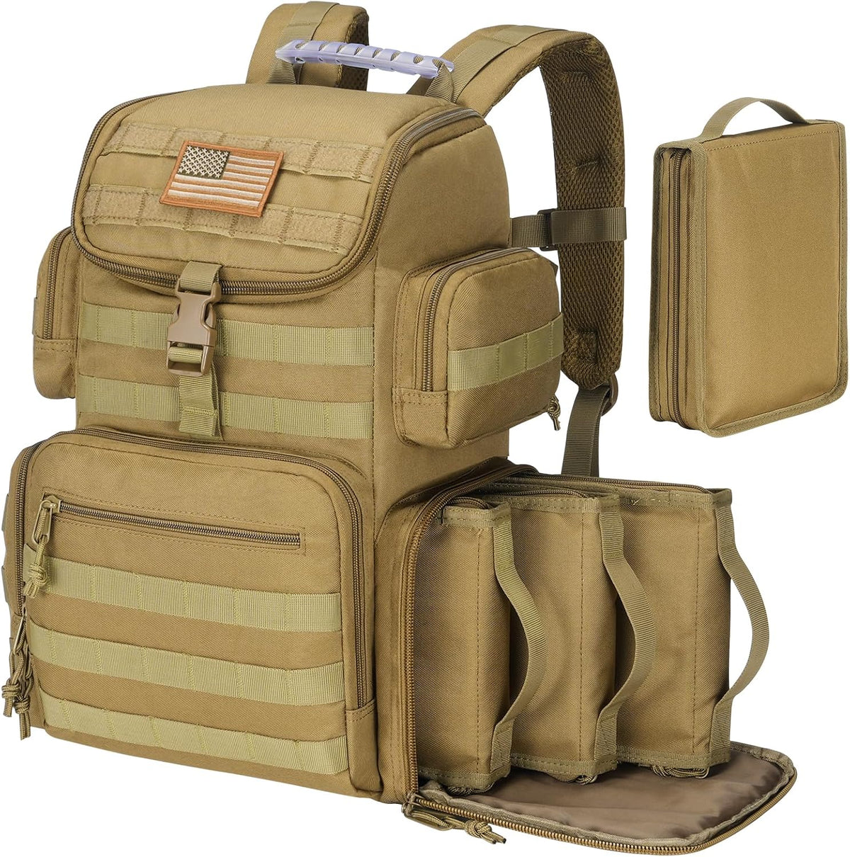 Tan tactical backpack with multiple pockets and a attached magazine pouch on a white background