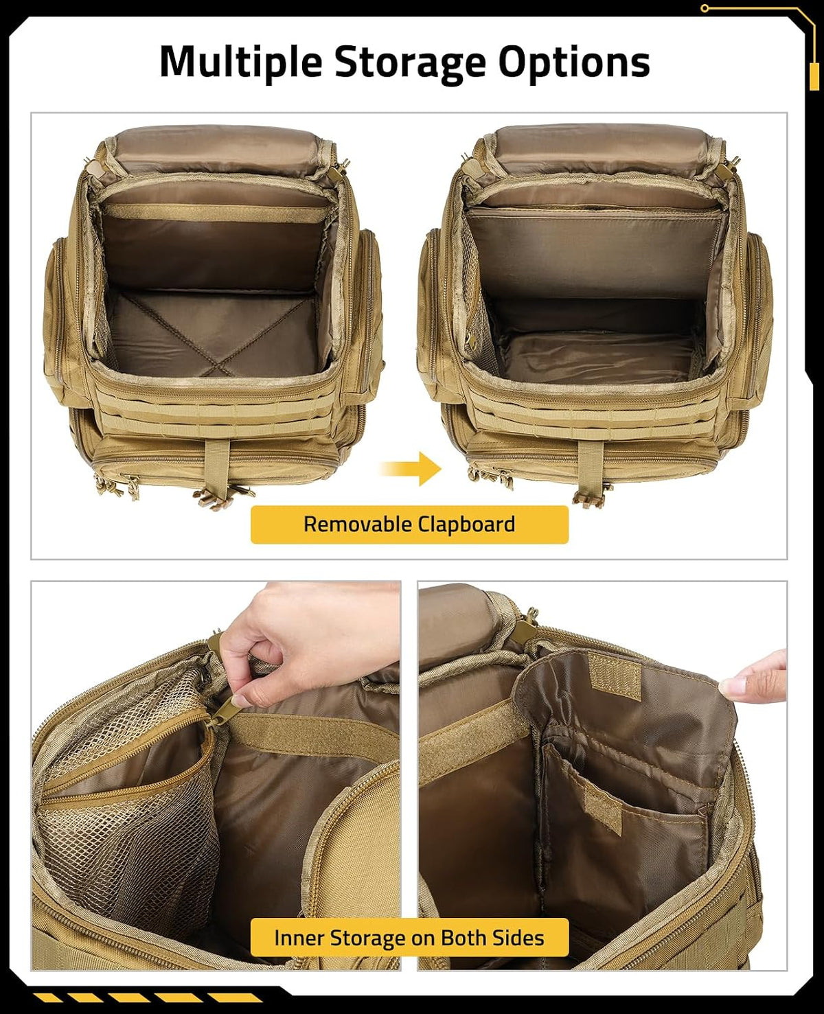 Tactical bag with multiple storage options and a removable clipboard feature.
