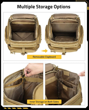 Tactical bag with multiple storage options and a removable clipboard feature.