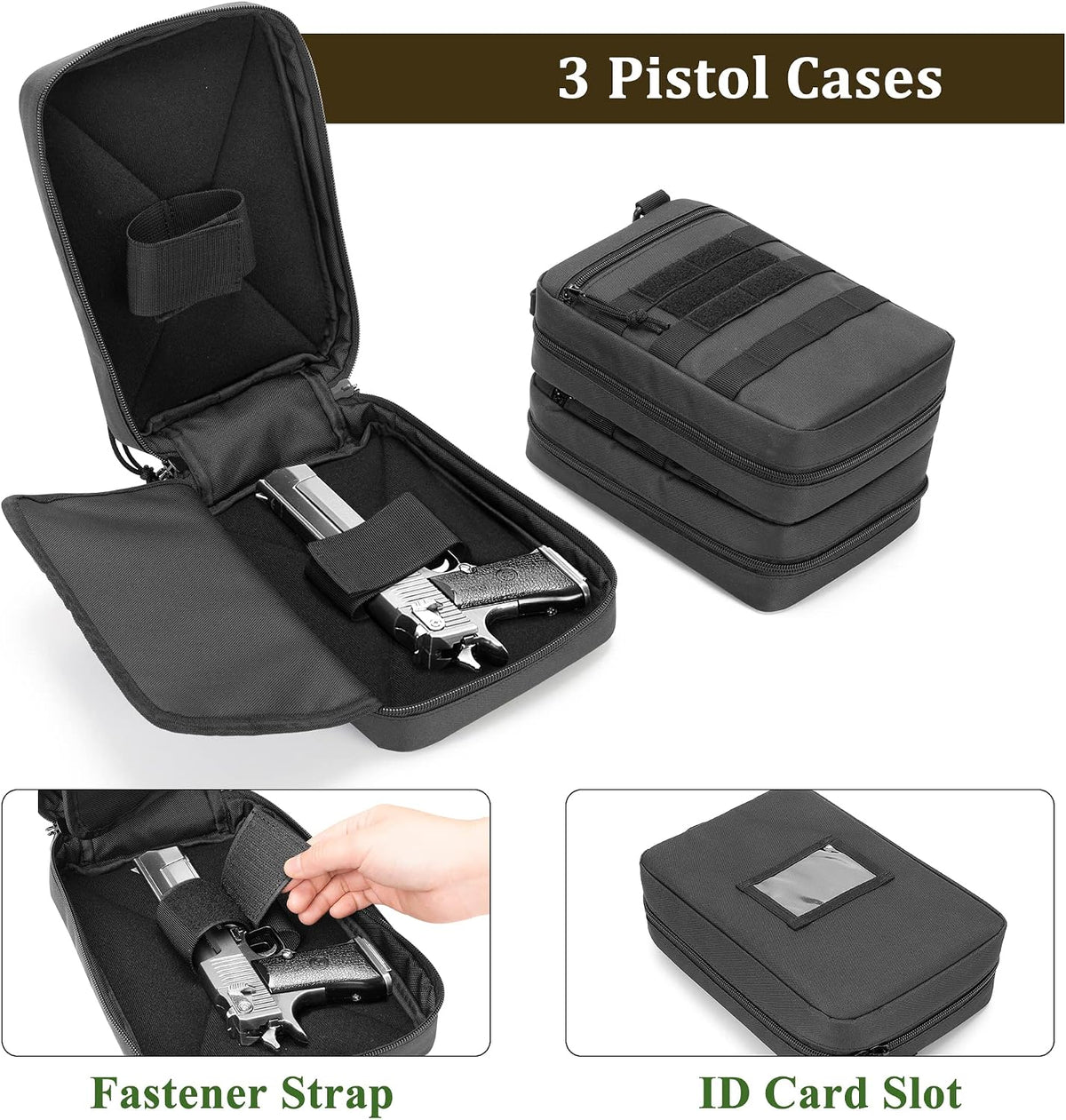 Three black tactical-style pistol cases shown on a white background, including an open case with a handgun inserted, a closed stacked set of cases, and two inset detail views highlighting a fastener strap and ID card slot.