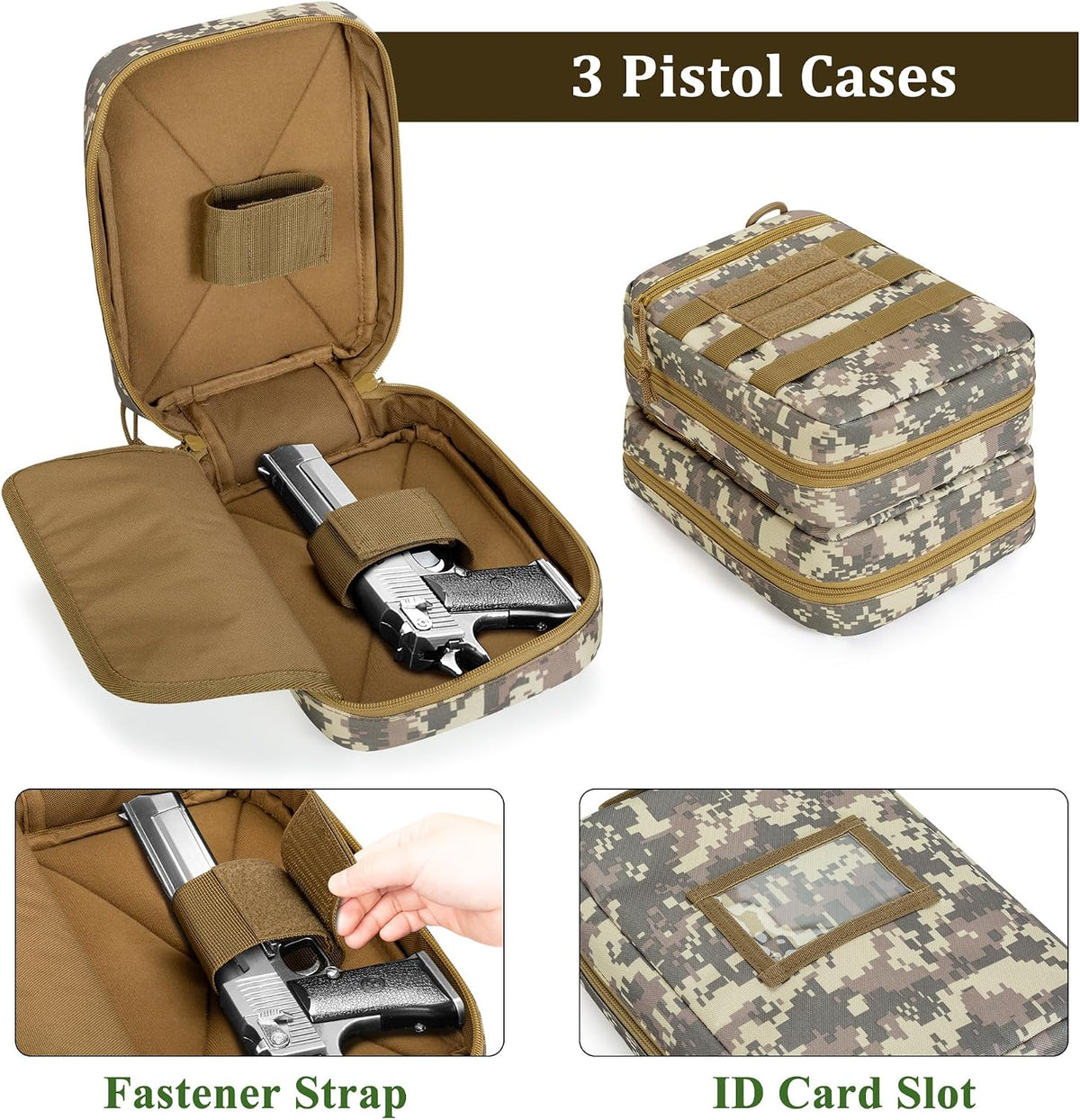 Three camouflage and tan pistol cases shown on a white background, with one open case holding a handgun, a stack of closed cases, a close-up of the fastener strap, and a close-up of the ID card slot.