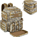 Camouflage backpack with multiple compartments on a white background