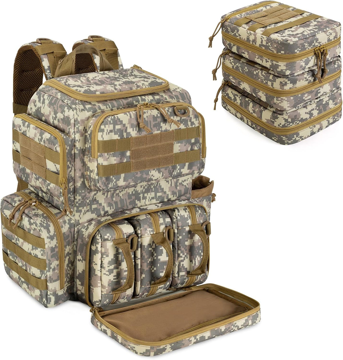 Camouflage backpack with multiple compartments on a white background