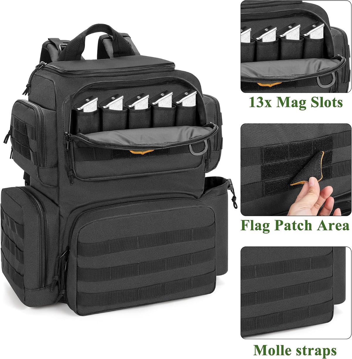 Black tactical gear backpack shown on a white background with three inset detail panels highlighting 13x mag slots, a flag patch area, and molle straps.