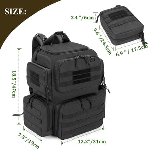 Black tactical backpack shown on a white background with overlaid size measurements in green text and arrows, plus a smaller inset view of the bag from an angle.