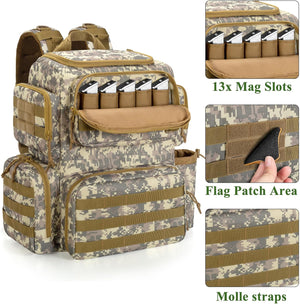 A tactical backpack in digital camouflage pattern with multiple zippered compartments, MOLLE webbing, and an open top showing 13 magazine slots. Three inset detail images on the right highlight the 13x mag slots, flag patch area, and molle straps.