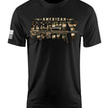 A black short-sleeve crewneck t-shirt featuring a large graphic on the chest with the words 'AMERICAN ARMY' in a distressed military-style font over a rifle silhouette, plus a black-and-white American flag print on the right sleeve.