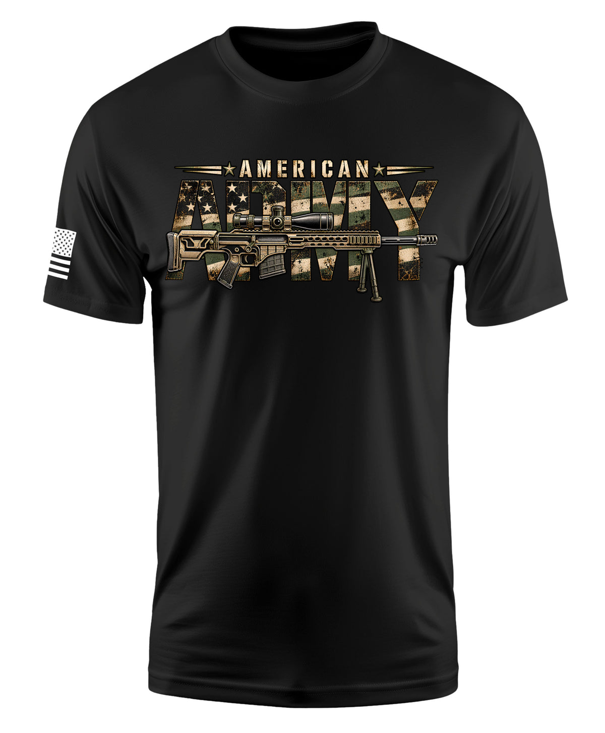 A black short-sleeve crewneck t-shirt featuring a large graphic on the chest with the words 'AMERICAN ARMY' in a distressed military-style font over a rifle silhouette, plus a black-and-white American flag print on the right sleeve.