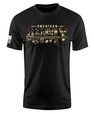 A black short-sleeve crewneck t-shirt featuring a large graphic on the chest with the words 'AMERICAN ARMY' in a distressed military-style font over a rifle silhouette, plus a black-and-white American flag print on the right sleeve.